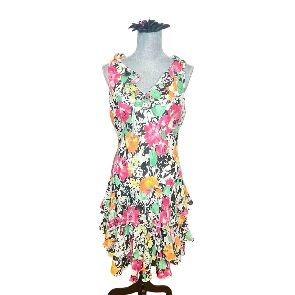 RALPH LAUREN 14P Dress Chiffon Floral Ruffle Midi Y2K Vtg V-Neck Fairy Sundress